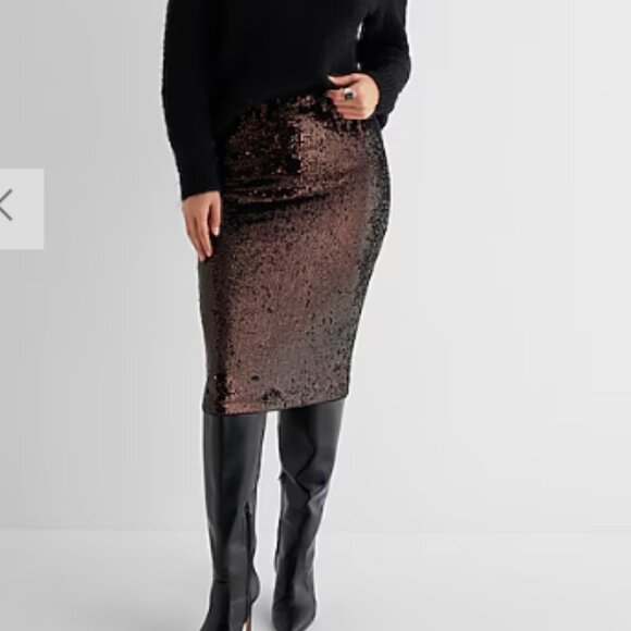 EXPRESS High Waisted Sequin Midi Pencil Skirt XS Bronze NWT - Picture 1 of 8